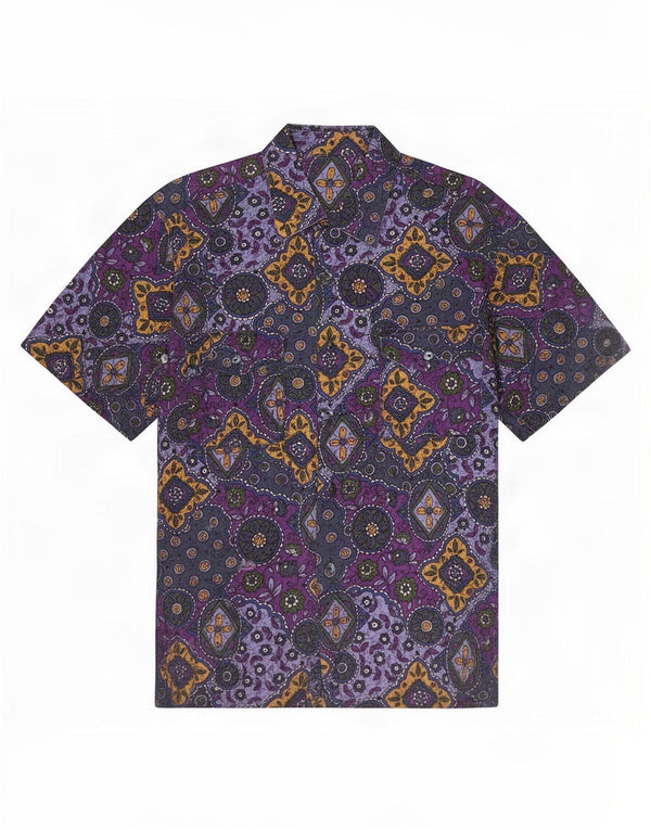 Vintage męska koszula z krótkim rękawem, duża fioletowa paisley