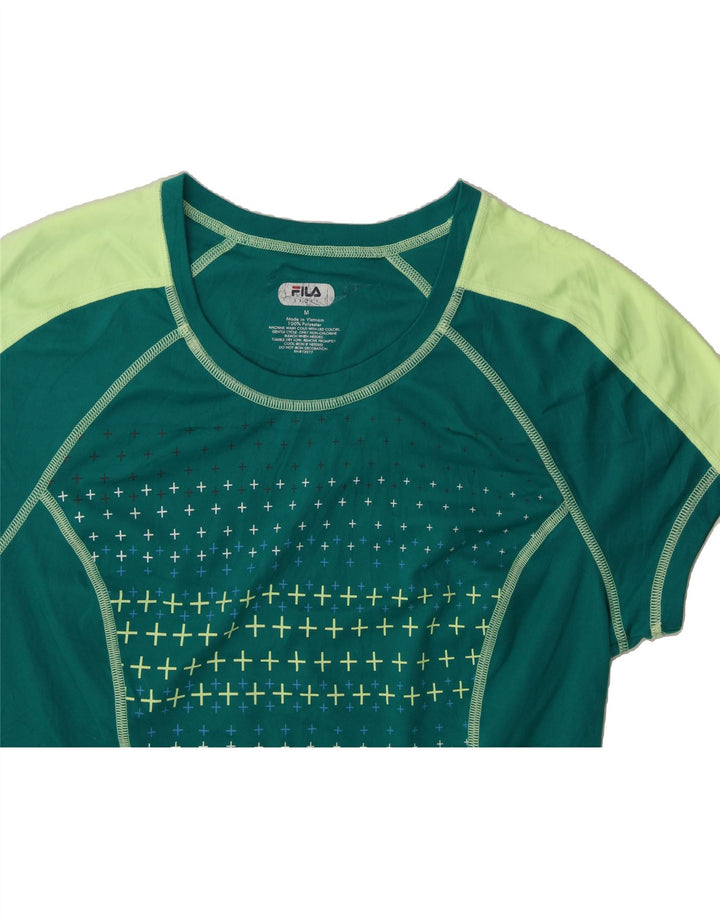 FILA Womens Graphic T-Shirt Top UK 12 Medium Green Colourblock Polyester Vintage Fila and Second-Hand Fila from Messina Hembry 