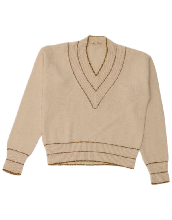 Sweter damski w stylu vintage z dekoltem w kształcie litery V, UK 10, w małe białe paski