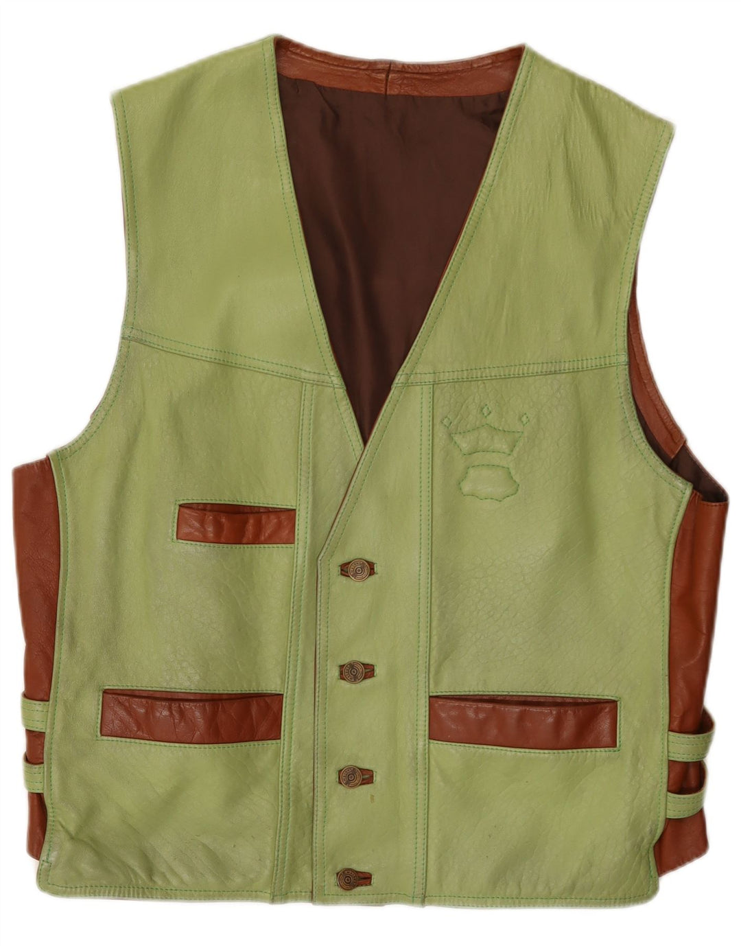Vintage męska skórzana kamizelka z dużym zielonym blokiem kolorów