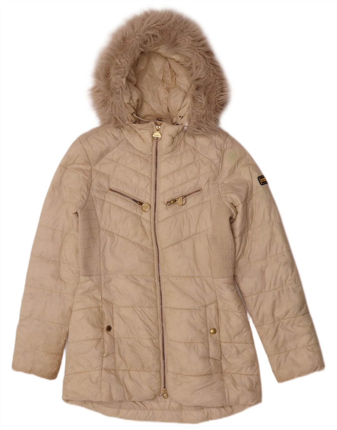 Damski płaszcz z kapturem i ociepleniem Barbour UK 10 Small Beżowy Poliamid