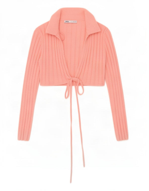 Zara Womens Crop Front Tie Cardigan Top UK 10 Small Pink Nylon