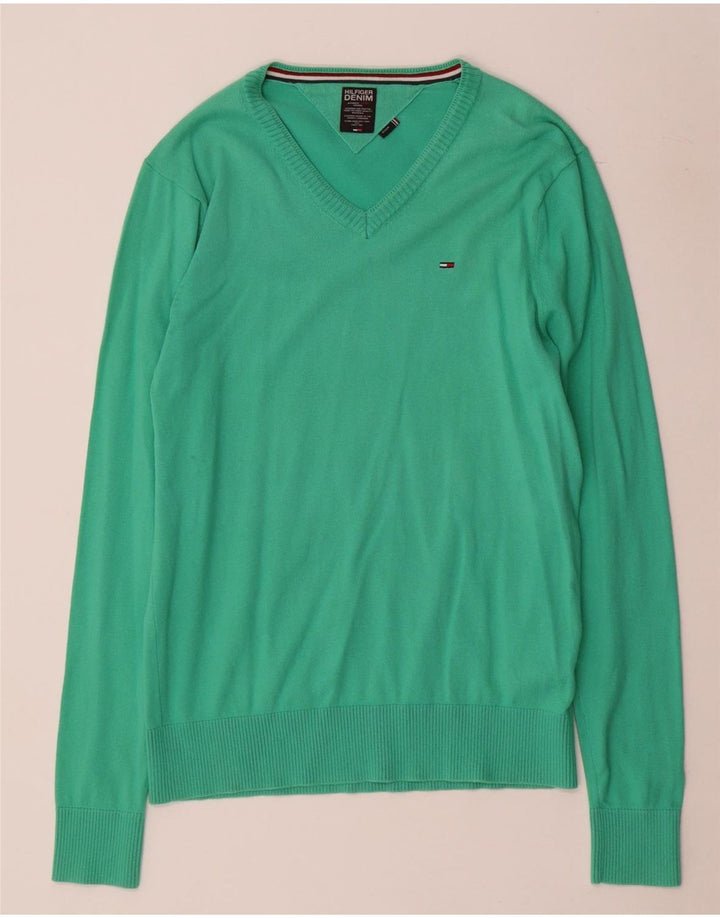 Męski sweter Tommy Hilfiger z dekoltem w kształcie litery V, średnio zielony, bawełniany
