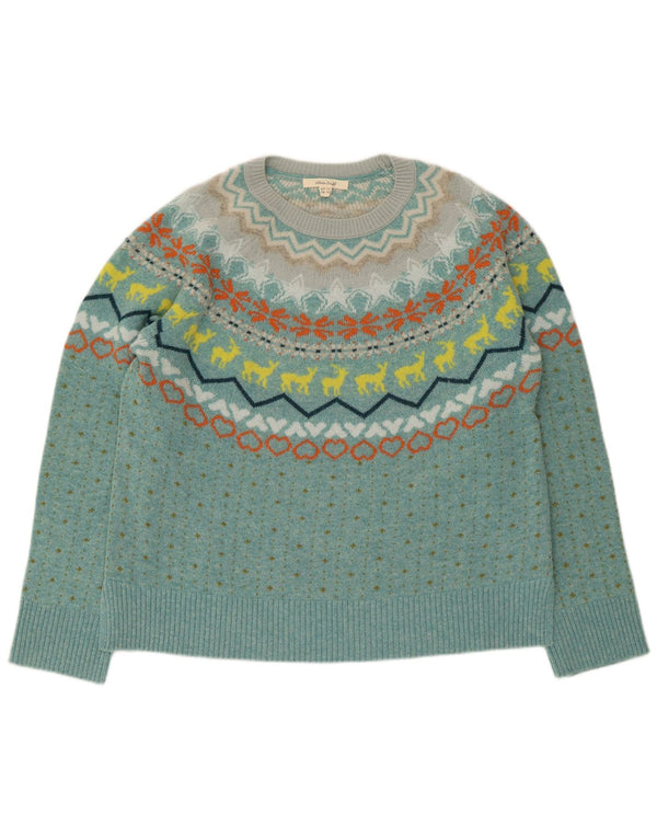 Damski sweter z dekoltem w łódkę White Stuff UK 14, duży, niebieski, wełniany Fair Isle