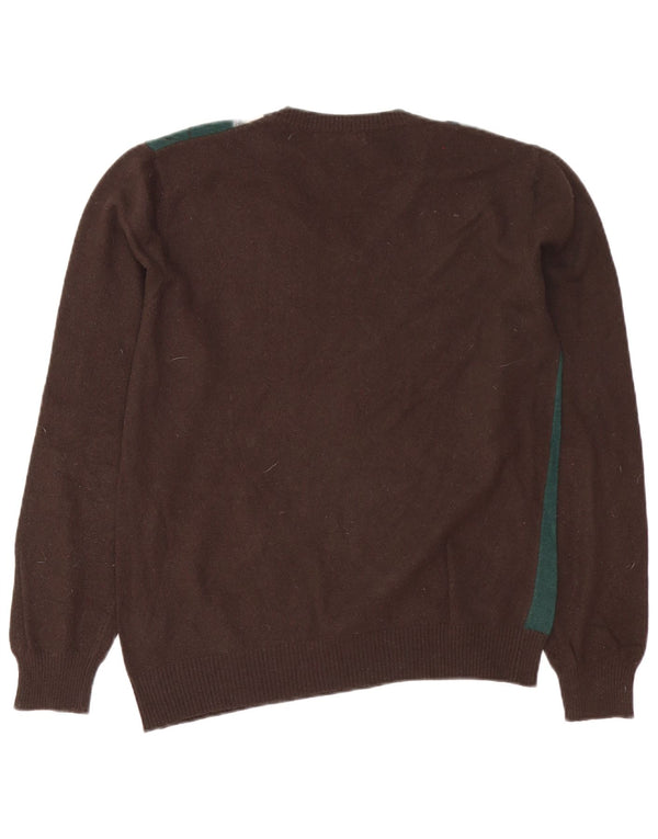 Męski sweter z dekoltem w kształcie litery V, Benetton, średnio brązowy, argyle/diamentowa wełna