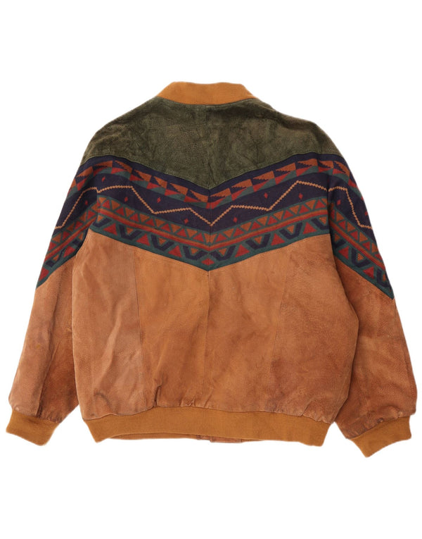 Vintage męska zamszowa kurtka bomber o luźnym kroju UK 38 w średnim beżowym geometrycznym kolorze