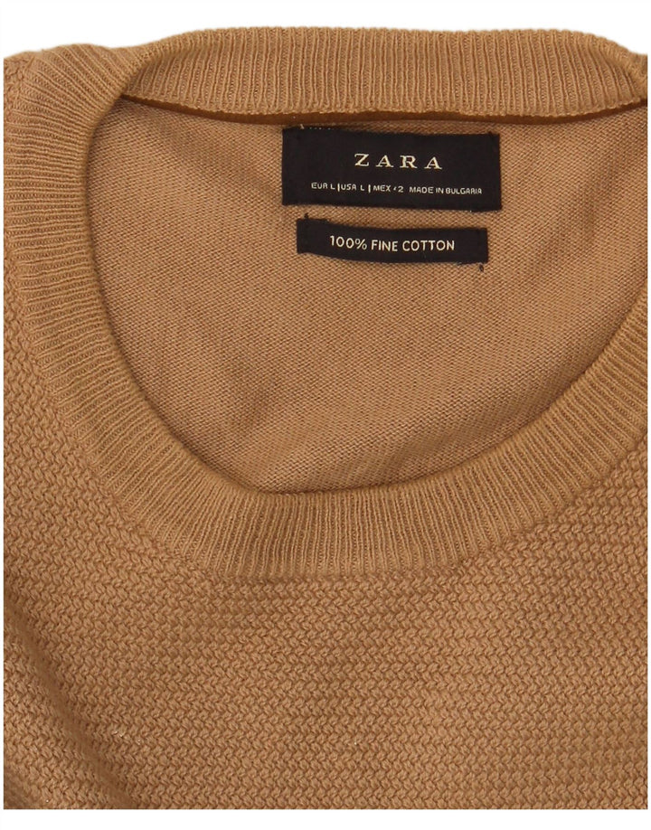 Męski sweter Zara z okrągłym dekoltem, duży, beżowy, bawełniany