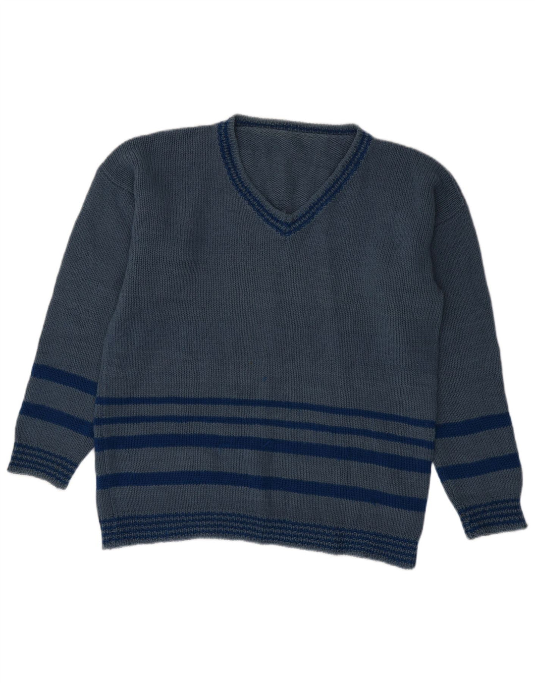 Męski sweter VINTAGE z dekoltem w kształcie litery V, duże niebieskie paski