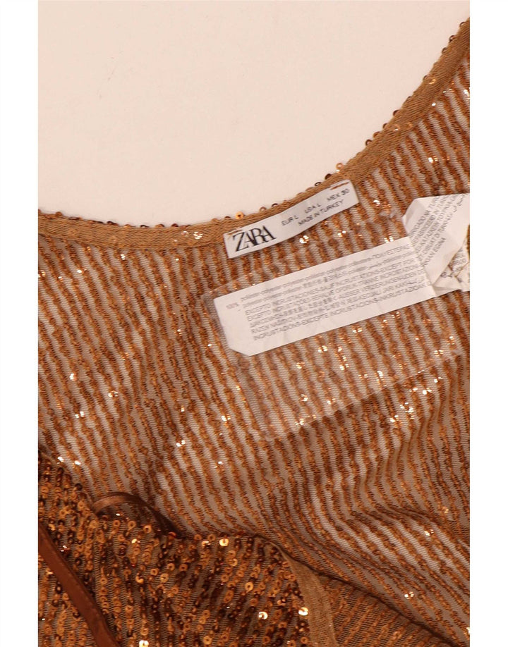 Damski cekinowy top Zara UK 14, duży, brązowy poliester