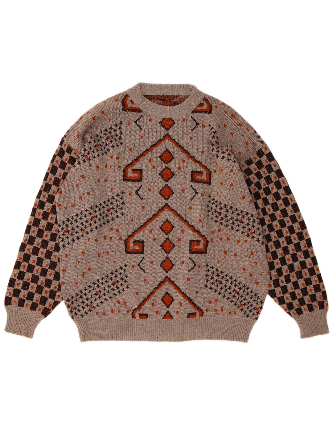 Męski sweter z okrągłym dekoltem w stylu vintage IT 52, duża, szara, geometryczna wełna