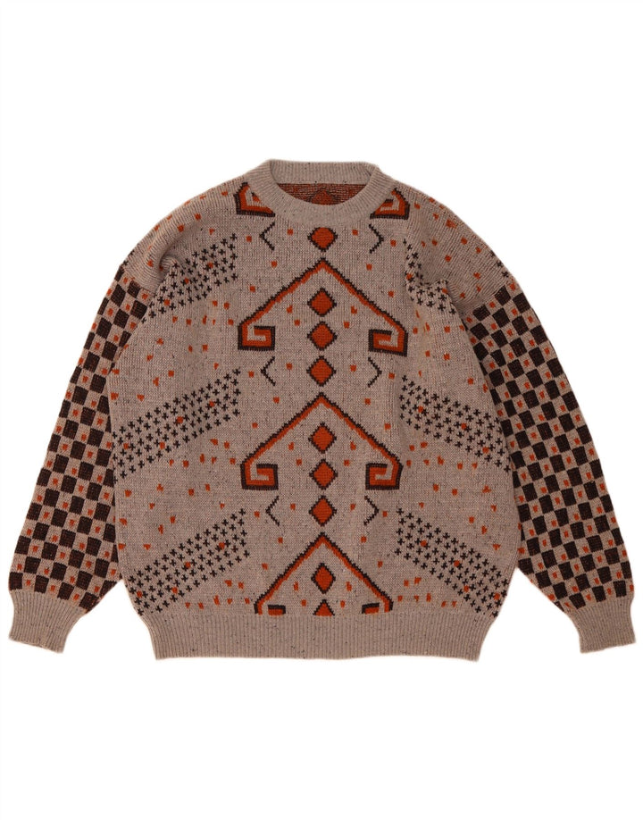 Męski sweter z okrągłym dekoltem w stylu vintage IT 52, duża, szara, geometryczna wełna