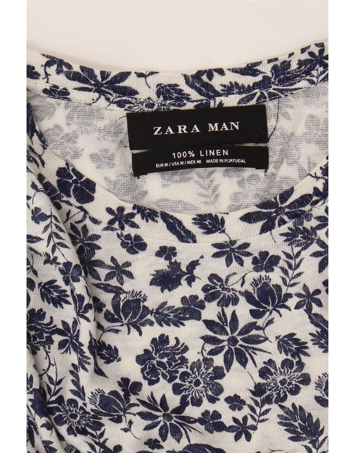 Męski t-shirt Zara, średniej wielkości biała, lniana tkanina w kwiaty
