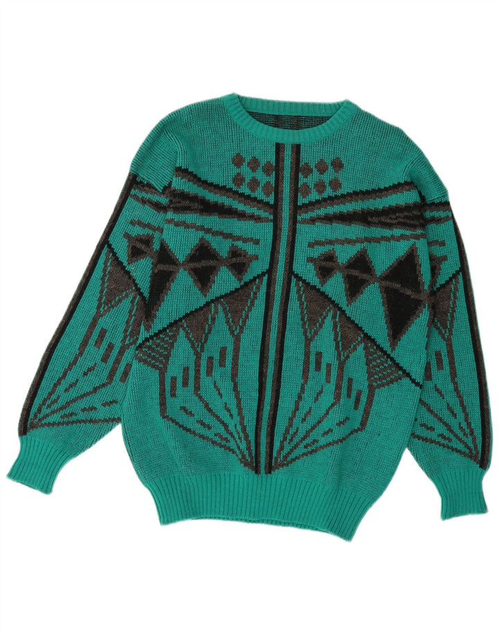 Vintage damski sweter z okrągłym dekoltem IT 54, duża, zielona, geometryczna wełna