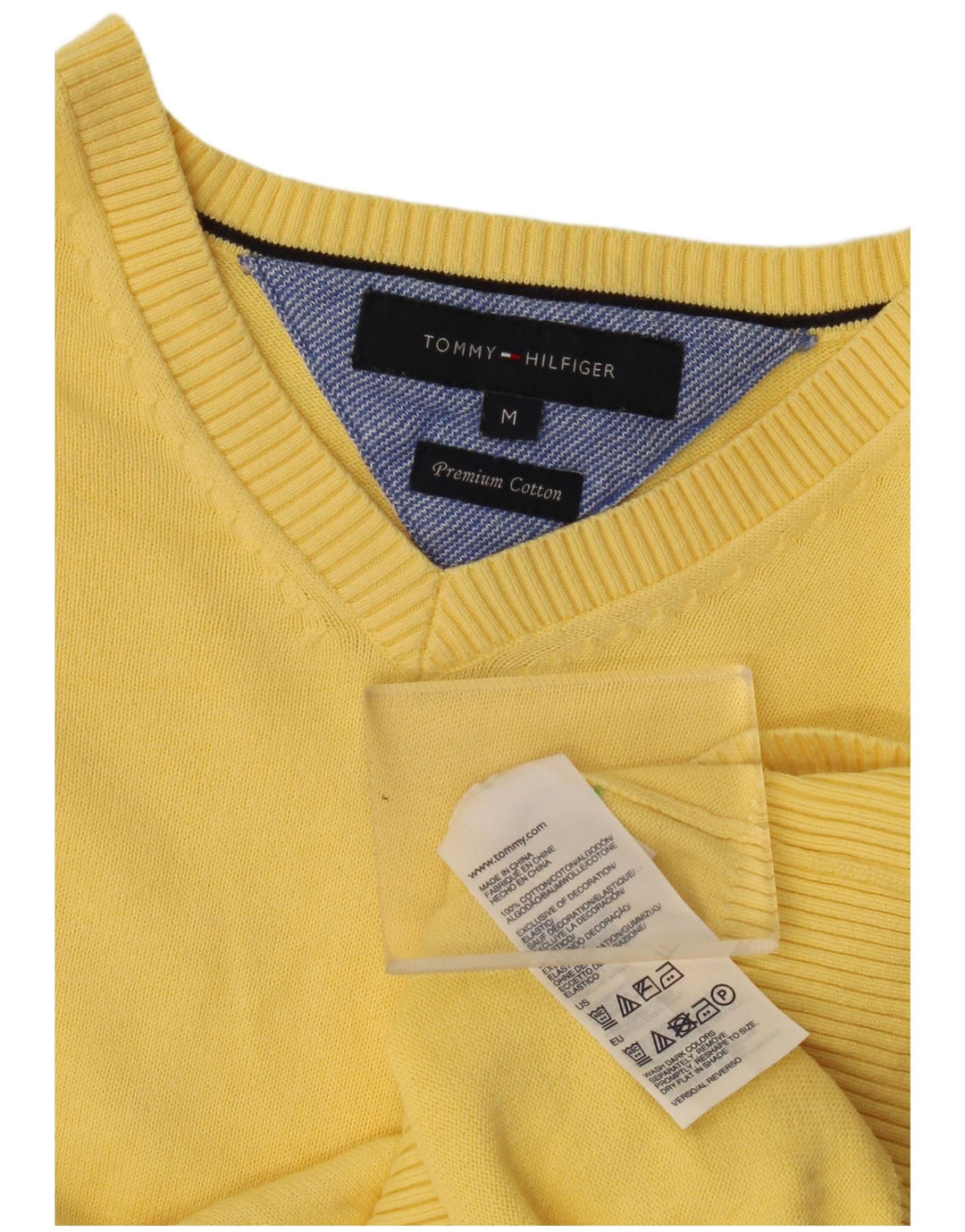 Męski sweter Tommy Hilfiger z dekoltem w kształcie litery V, średniożółty, bawełniany