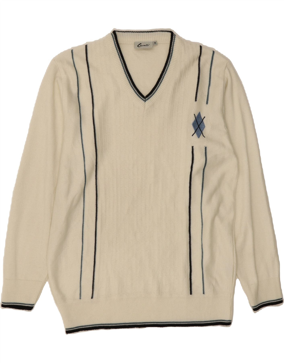 VINTAGE Mens V-Neck Jumper Sweater Medium White Striped Acrylic Vintage Vintage and Second-Hand Vintage from Messina Hembry 