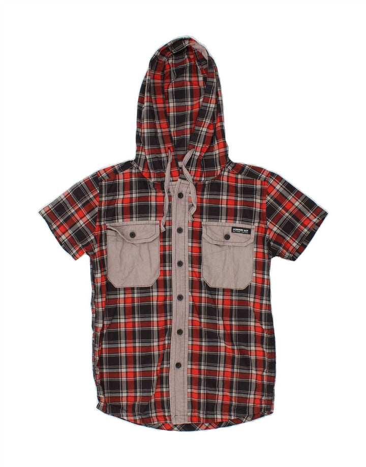 SCORPION BAY Boys Hooded Short Sleeve Shirt 9-10 Years Medium Red Check Vintage Scorpion Bay and Second-Hand Scorpion Bay from Messina Hembry 