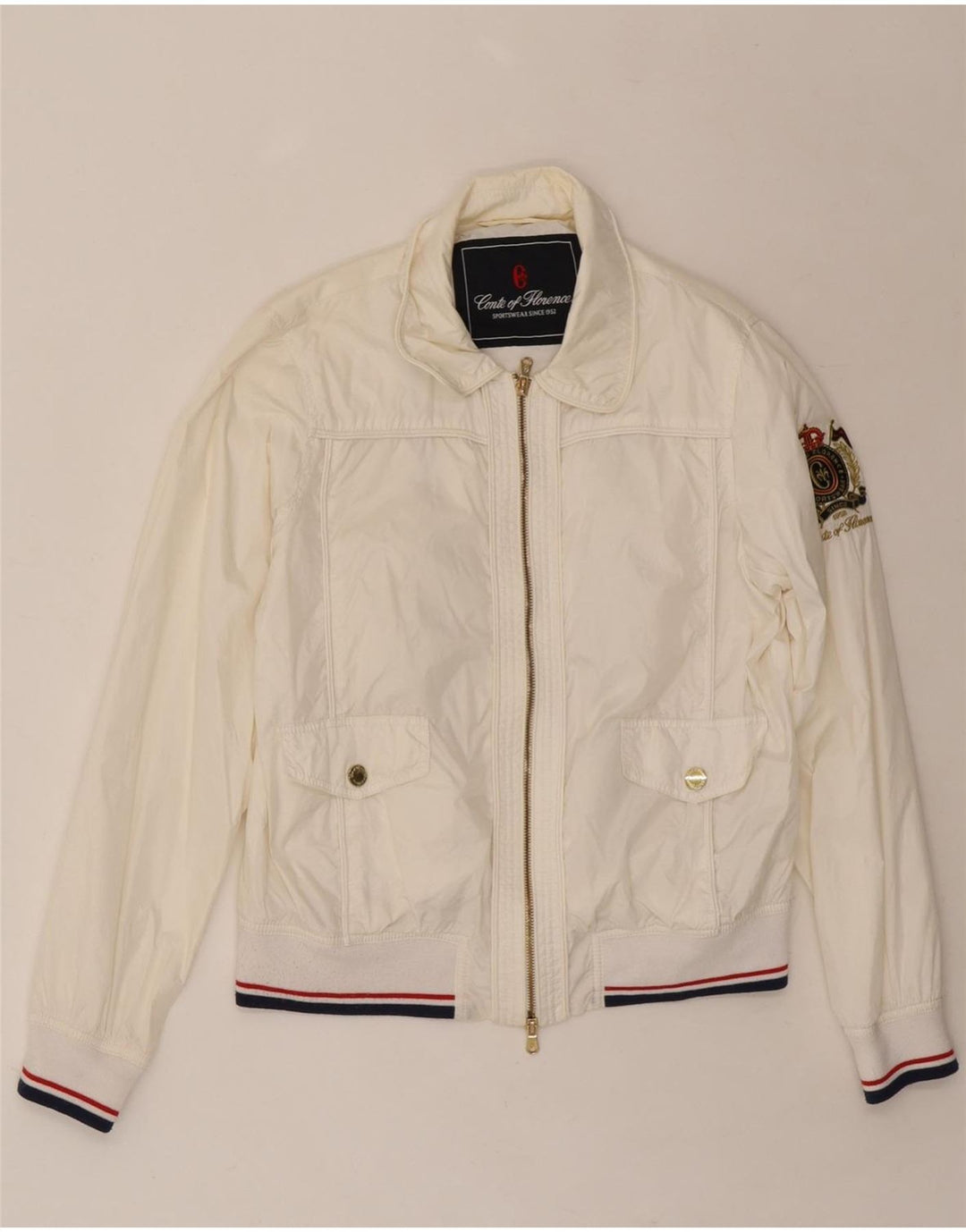 CONTE OF FLORENCE Mens Bomber Jacket IT 46 Small White Polyamide Vintage Conte of Florence and Second-Hand Conte of Florence from Messina Hembry 