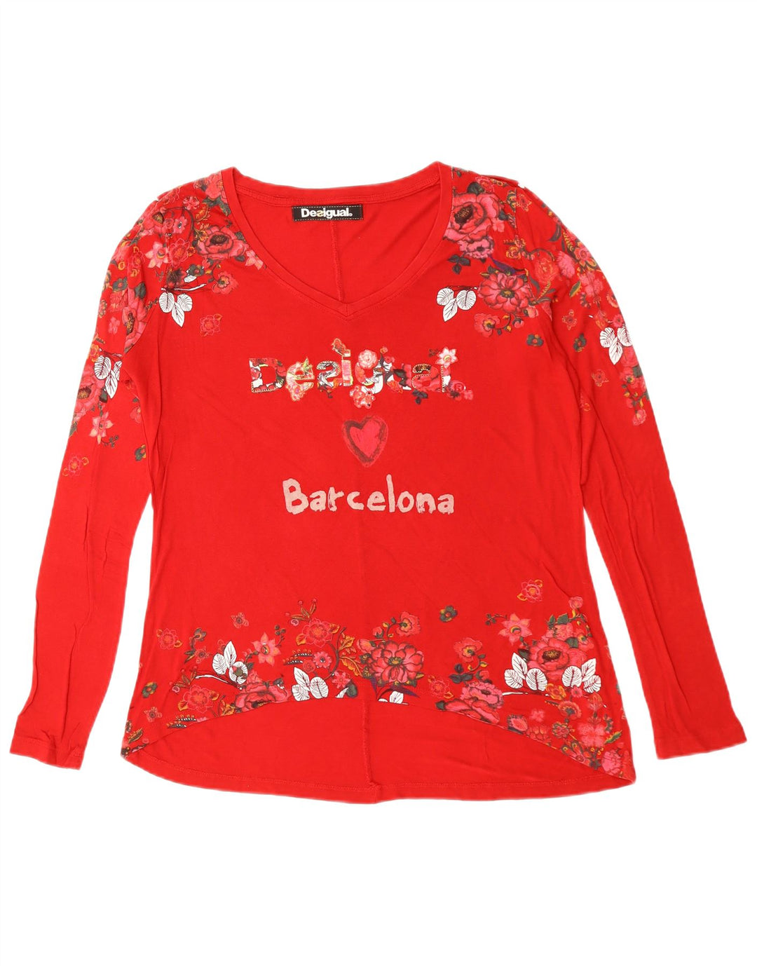 Damski top DESIGUAL Barcelona Graphic z długim rękawem, UK 16, duże czerwone serce