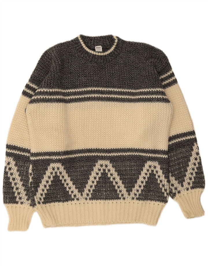 Vintage męski sweter z okrągłym dekoltem EU 50, średni, złamany biały geometryczny
