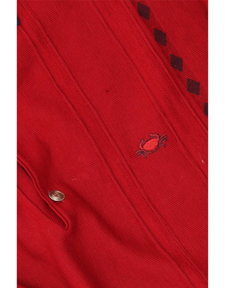Vintage męski sweter z dekoltem w serek polo, średnio czerwony, geometryczny