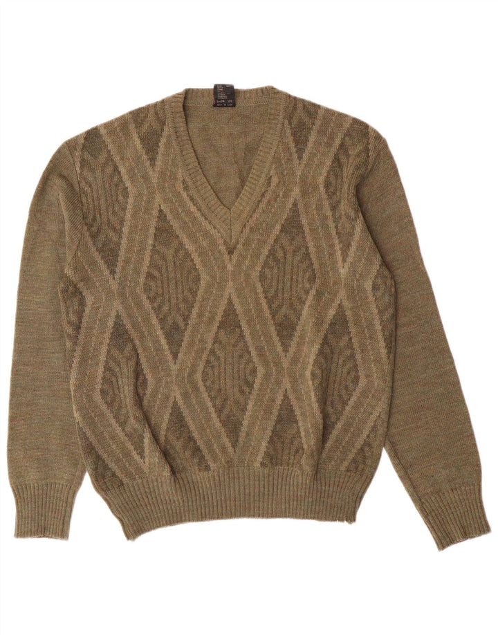 Rinaldi Męski sweter z dekoltem w kształcie litery V, średni khaki Argyle/diamentowa wełna