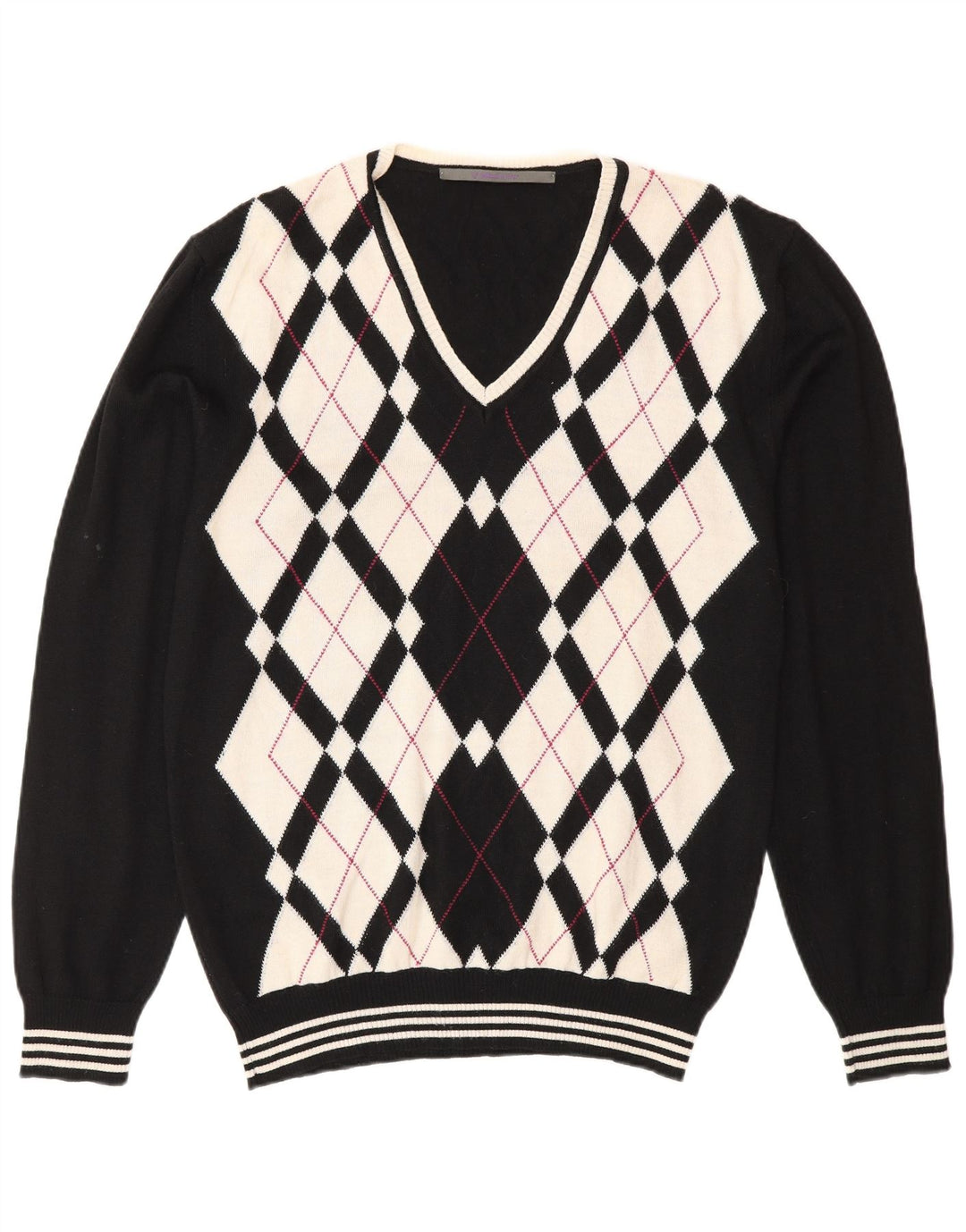 Vintage męski sweter z dekoltem w kształcie litery V, XL, czarna tkanina argyle/diamentowa wełna