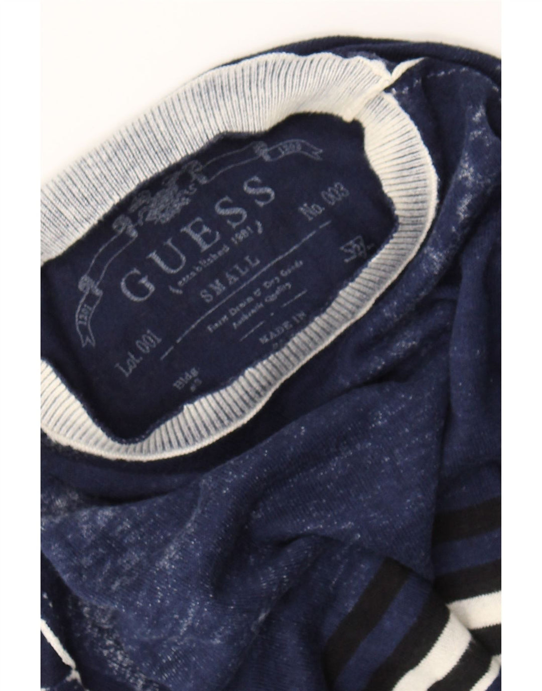 GUESS Mens Crew Neck Jumper Sweater Small Navy Blue Striped Cotton Vintage Guess and Second-Hand Guess from Messina Hembry 