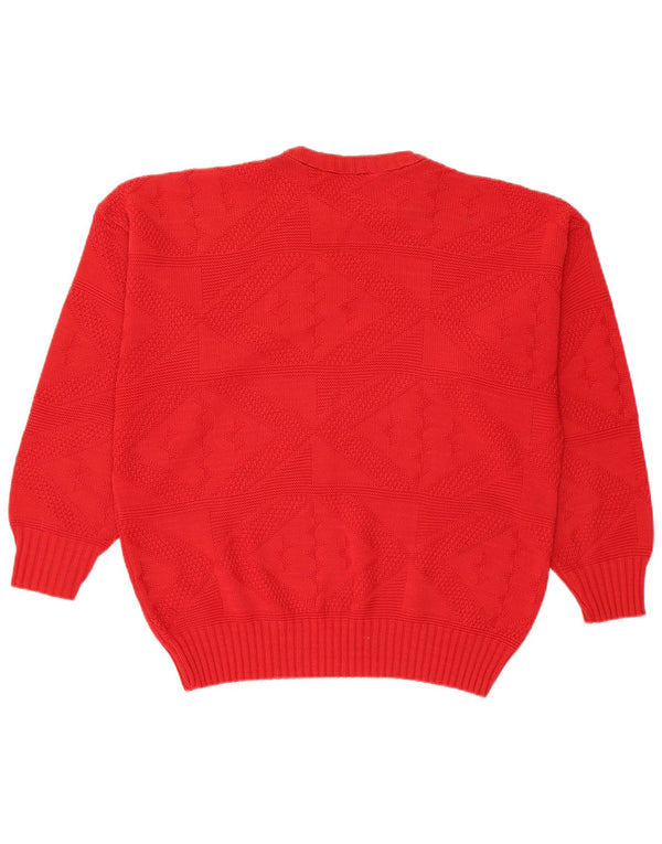 Sweter damski w stylu vintage z okrągłym dekoltem UK 16, duży, czerwony, geometryczny