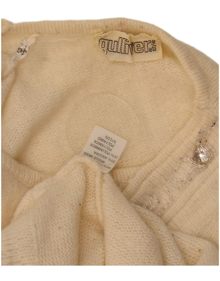 Vintage damski sweter z dekoltem w łódkę IT 46, duża wełna w kolorze złamanej bieli