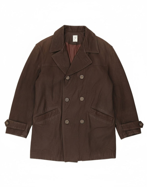 Vintage męski płaszcz skórzany z podwójnymi piersiami IT 54 2XL brązowa skóra