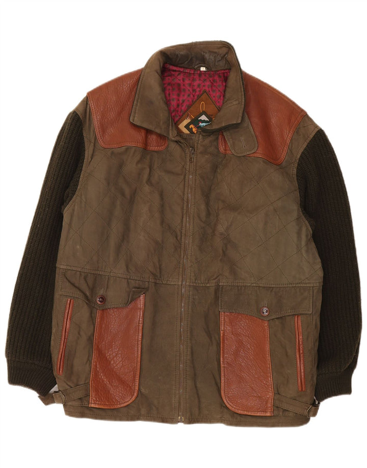 Vintage męska dzianinowa kurtka skórzana UK 42 XL Khaki Colorblock Classic