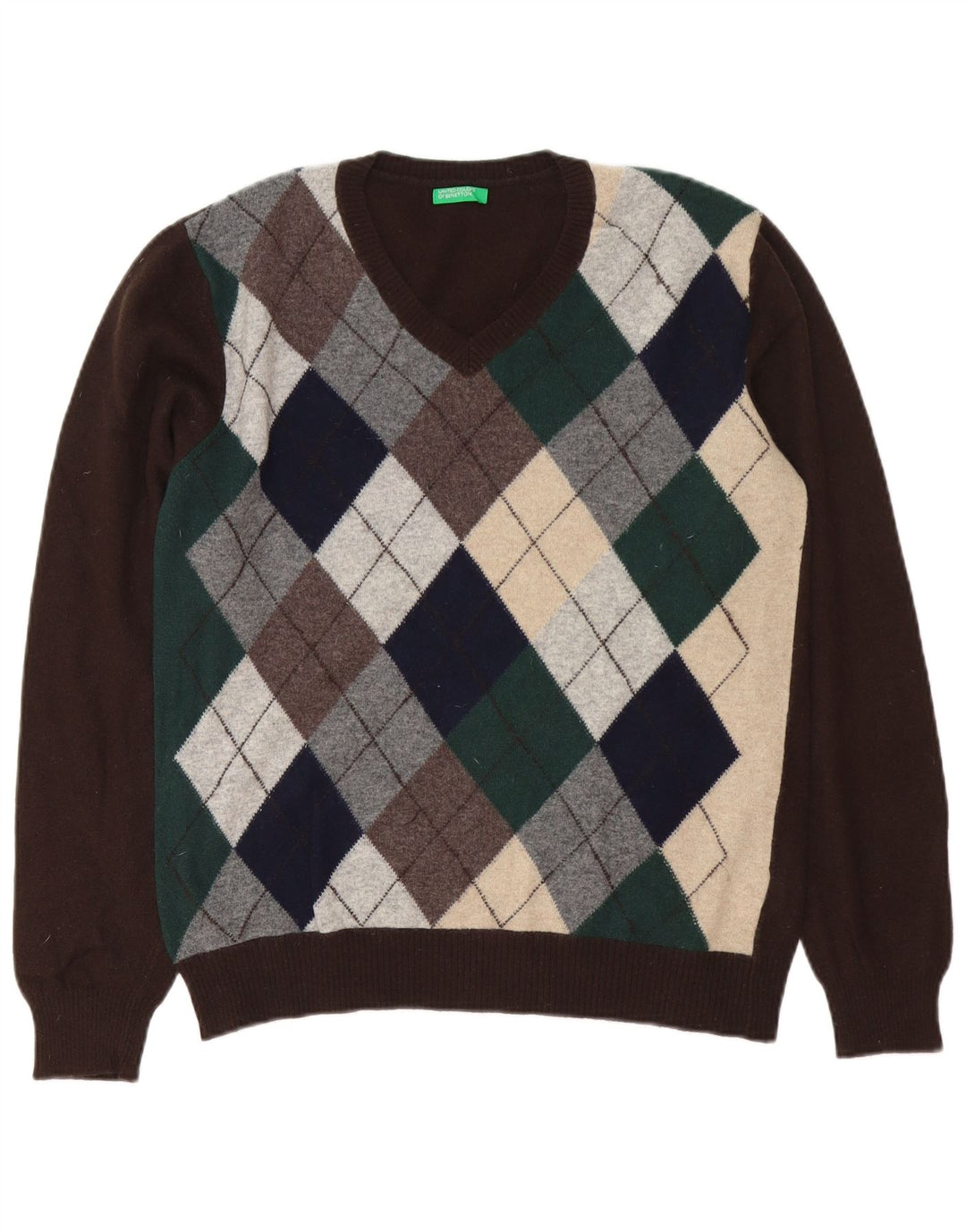 Męski sweter z dekoltem w kształcie litery V, Benetton, średnio brązowy, argyle/diamentowa wełna