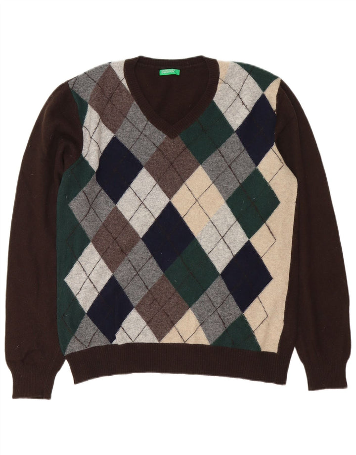 Męski sweter z dekoltem w kształcie litery V, Benetton, średnio brązowy, argyle/diamentowa wełna