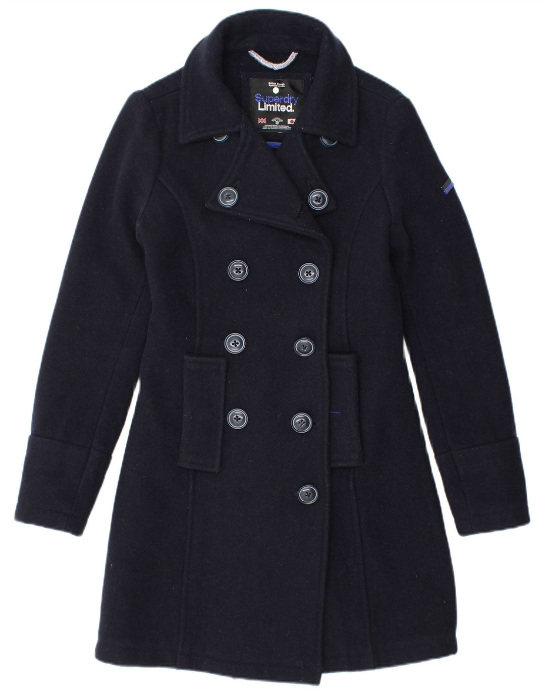 Damski płaszcz dwurzędowy Superdry UK 6 XS, granatowo-wełniany