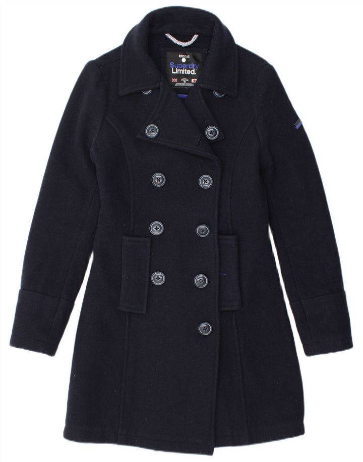 Damski płaszcz dwurzędowy Superdry UK 6 XS, granatowo-wełniany