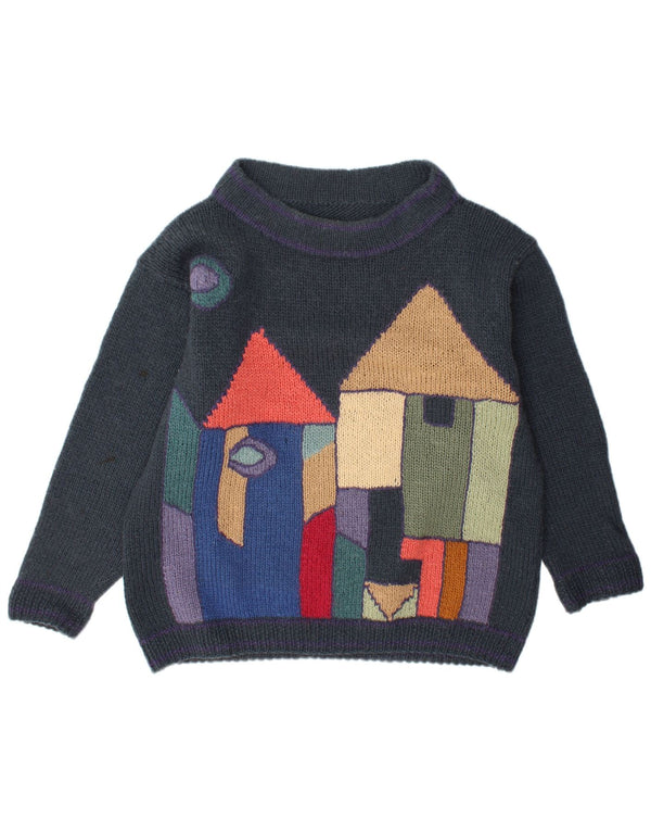 Sweter damski w stylu vintage z dekoltem w łódkę UK 16, duży, szary, z blokami kolorów