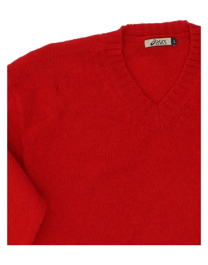 ASICS Mens V-Neck Jumper Sweater Large Red Wool Vintage Asics and Second-Hand Asics from Messina Hembry 