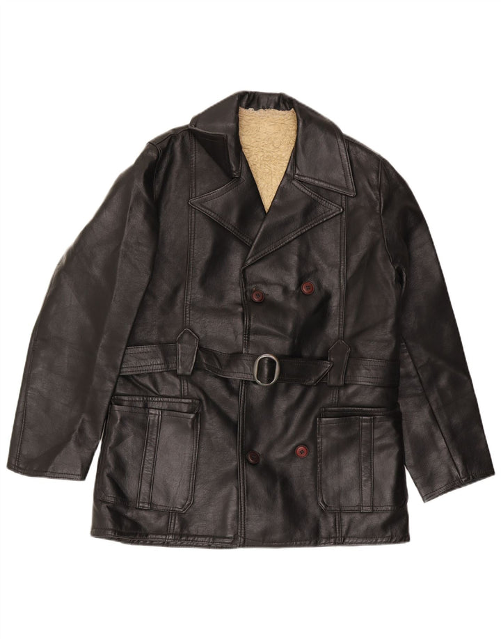 Vintage męska dwurzędowa skórzana kurtka UK 36, mała czarna skóra