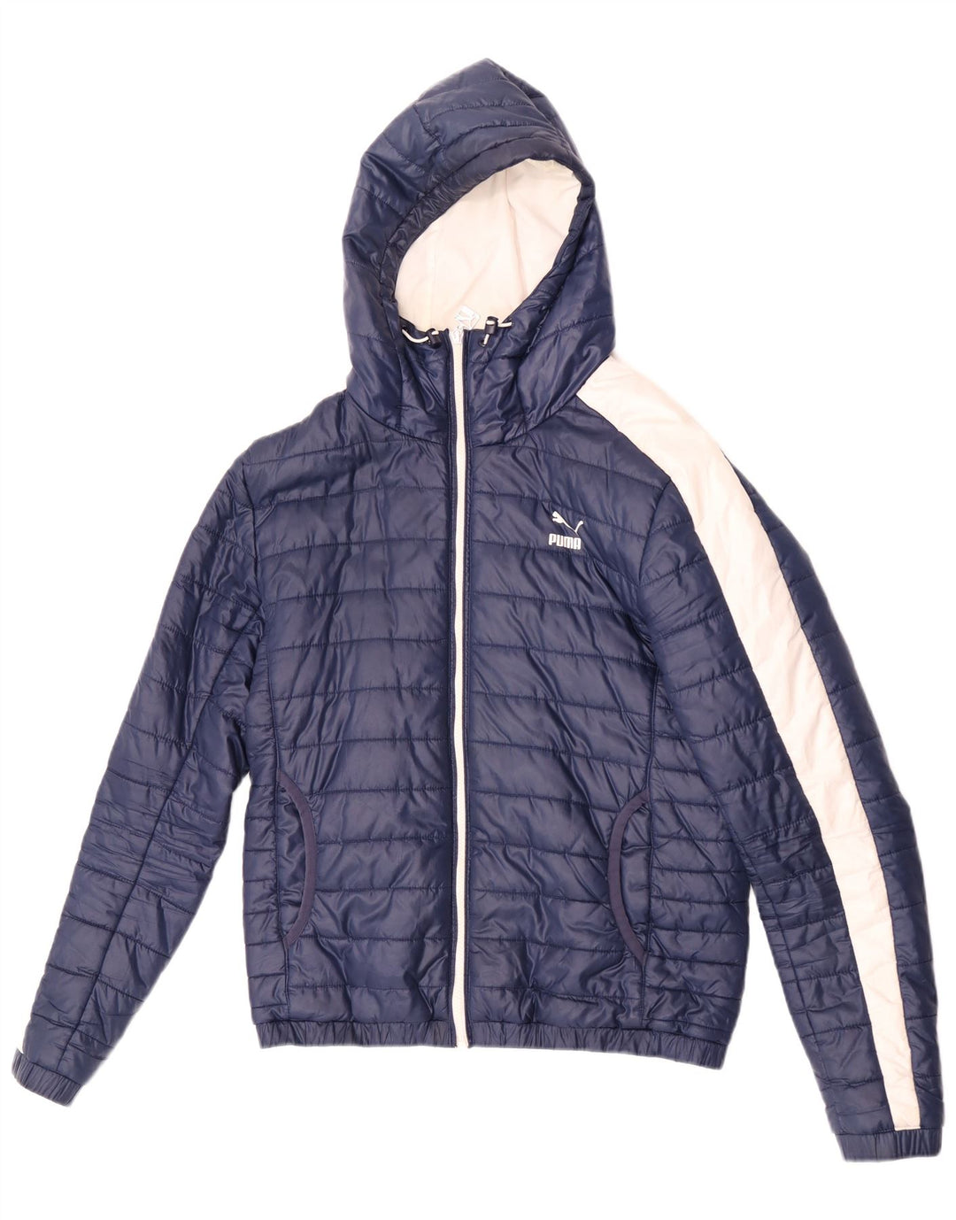 Męska ocieplana kurtka z kapturem Puma UK 36, mały, niebieski, poliester z blokami kolorów