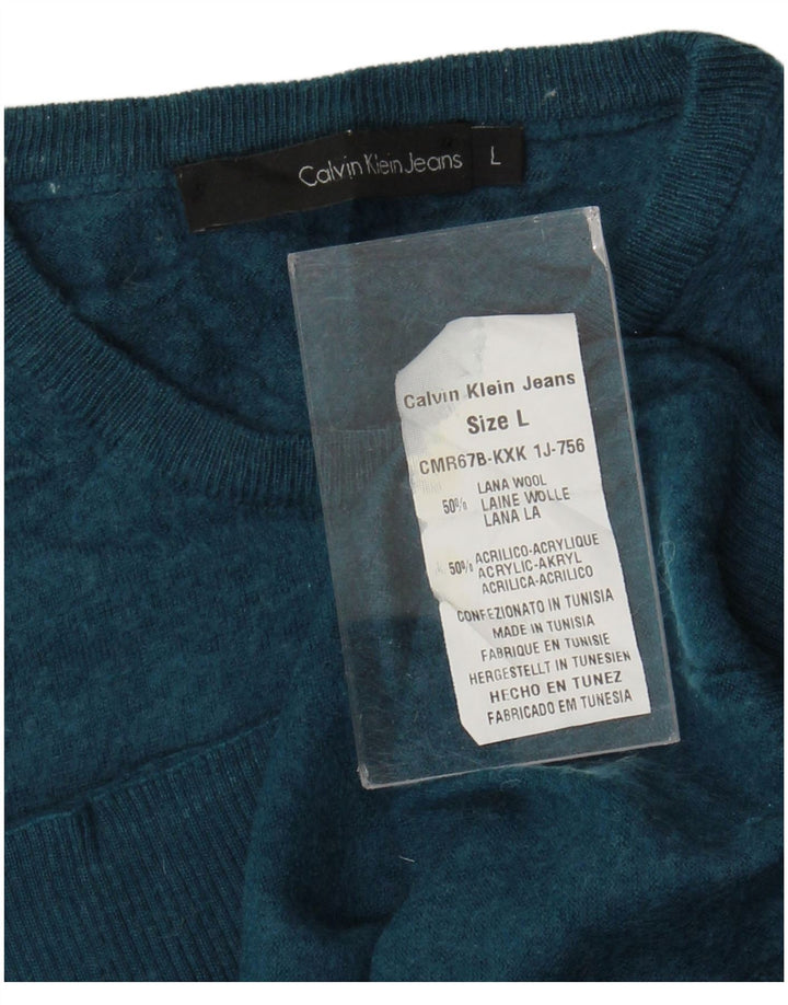 Damski sweter z okrągłym dekoltem Calvin Klein Jeans UK 16, duży, niebieski, wełniany