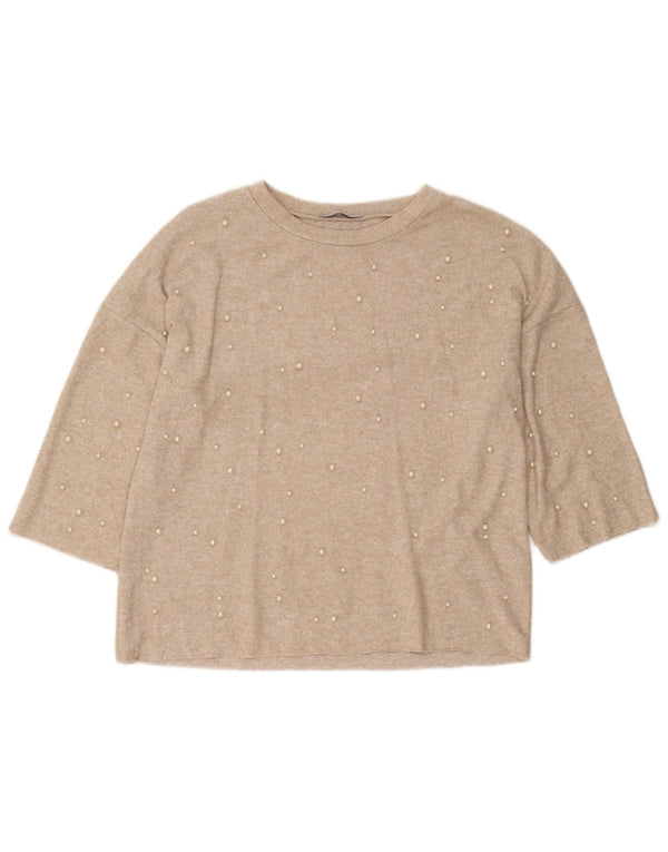 Damski sweter Zara Trafaluc z rękawem 3/4, UK 10, mały, beżowy, nakrapiany