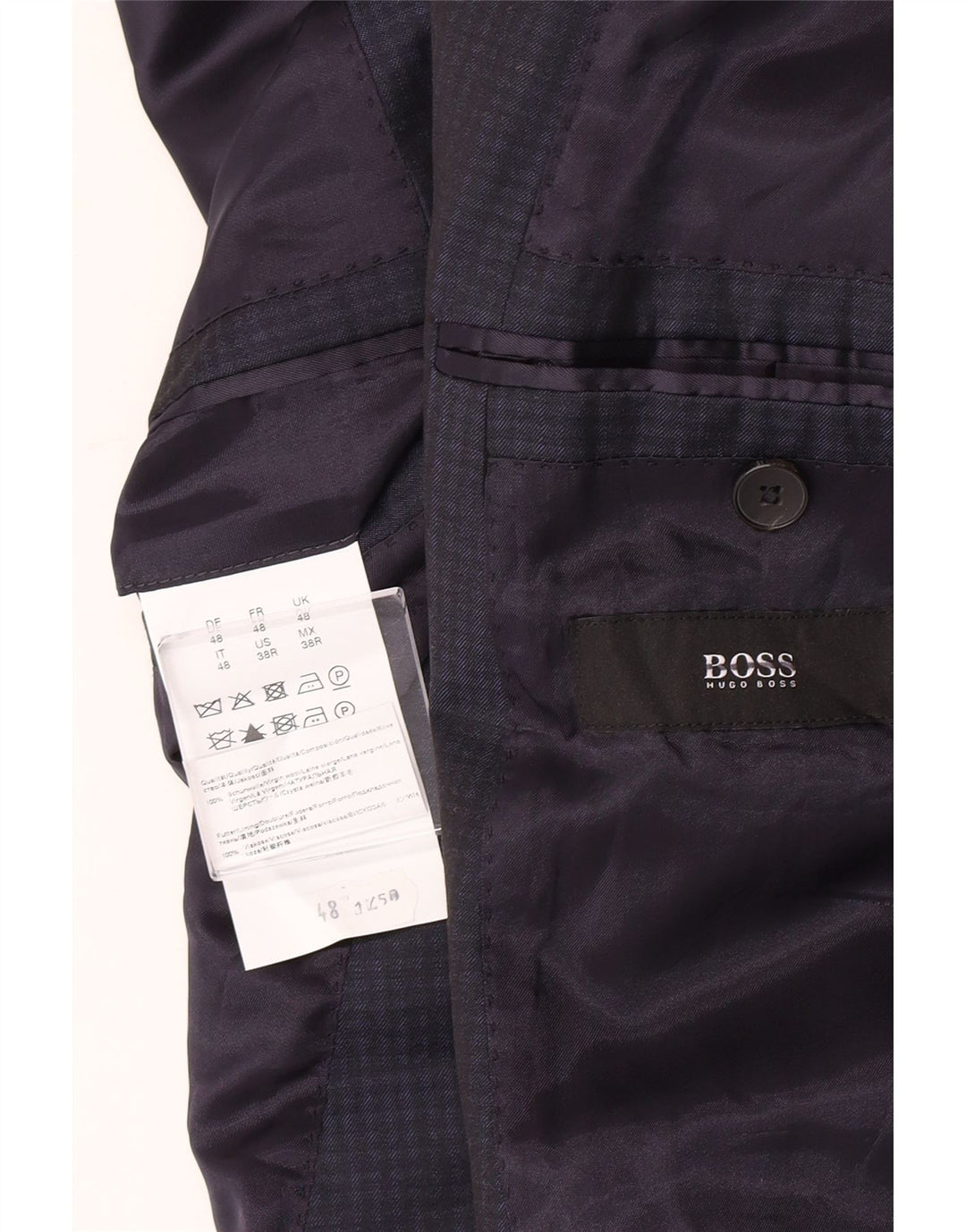 Męska marynarka zapinana na 2 guziki Hugo Boss IT 48 Średni granatowy materiał w kratkę