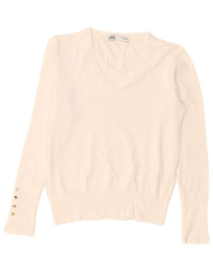 Sweter damski Zara z dekoltem w kształcie litery V, UK 12, średni biały