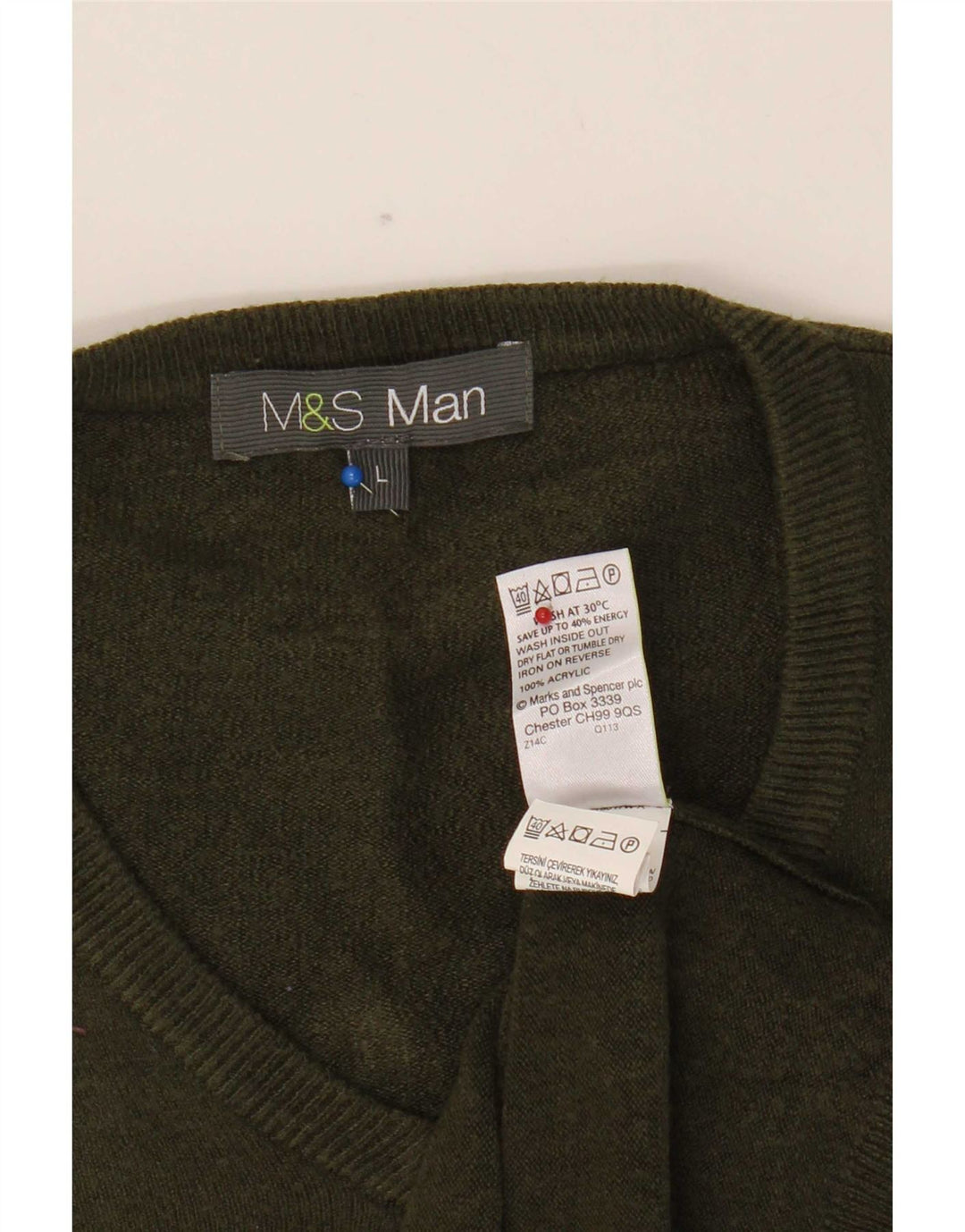 Marks & Spencer Męski sweter z dekoltem w kształcie litery V, duży, akrylowy khaki
