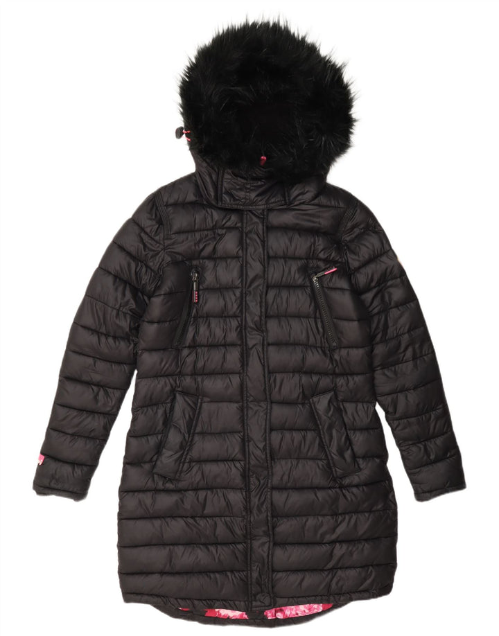 Damski ocieplany płaszcz z kapturem Superdry UK 12, średni czarny nylon