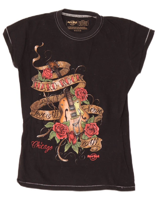 T-shirt damski Hard Rock Cafe Chicago z grafiką Top UK 8, mały, czarny, bawełniany