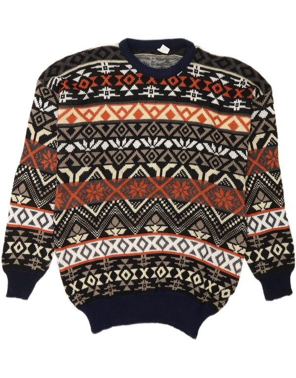 Vintage męski sweter z okrągłym dekoltem, duży, granatowy, akryl Fair Isle