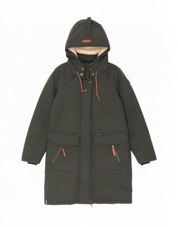 KHUJO Womens Oversized Hooded Sherpa Parka Jacket UK 10 Small Khaki Cotton