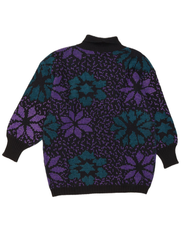 Sweter damski w stylu vintage z wywijanym dekoltem UK 16, duży, czarny w kwiaty