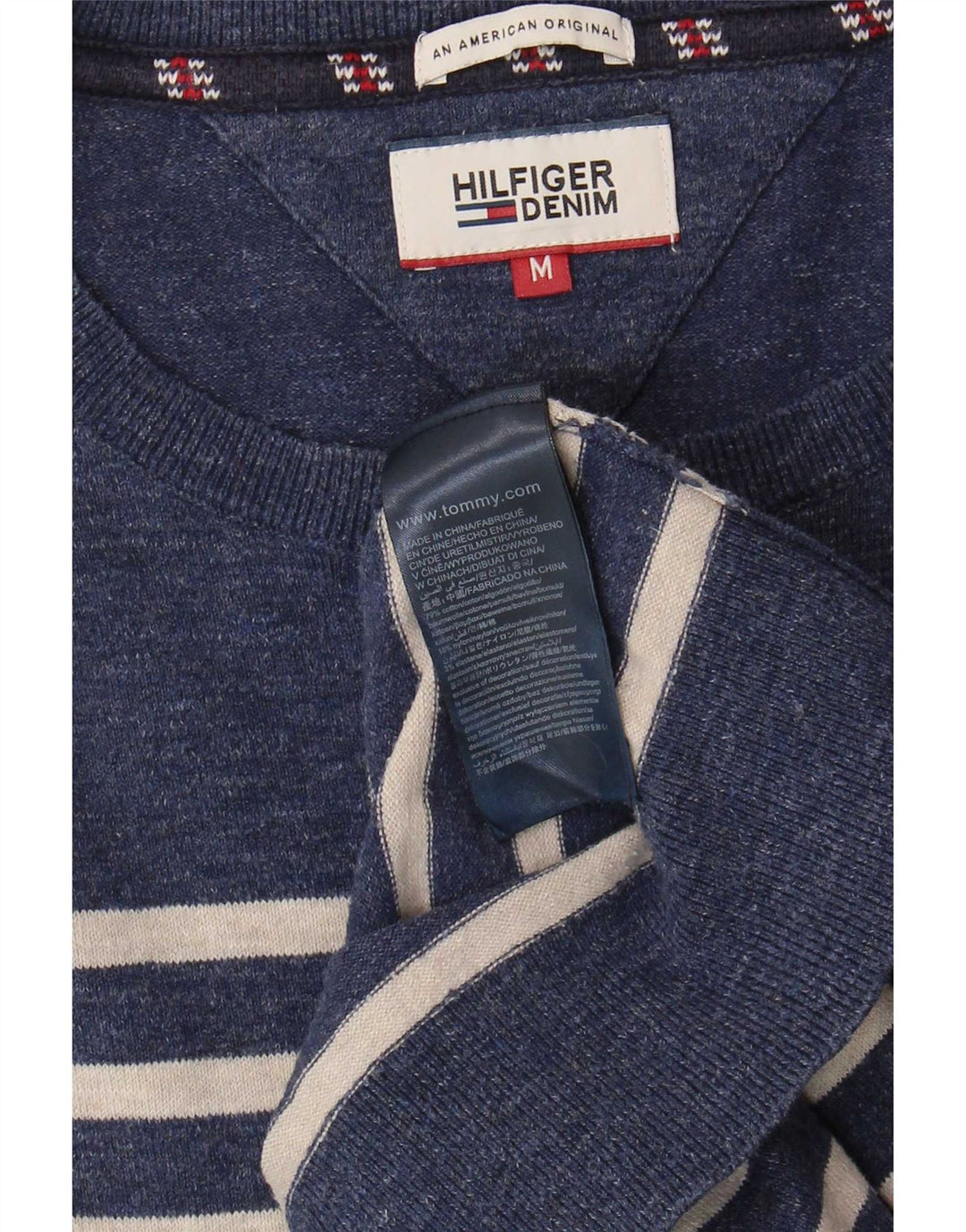 Męski sweter Tommy Hilfiger z dekoltem w łódkę, w średnie granatowe paski